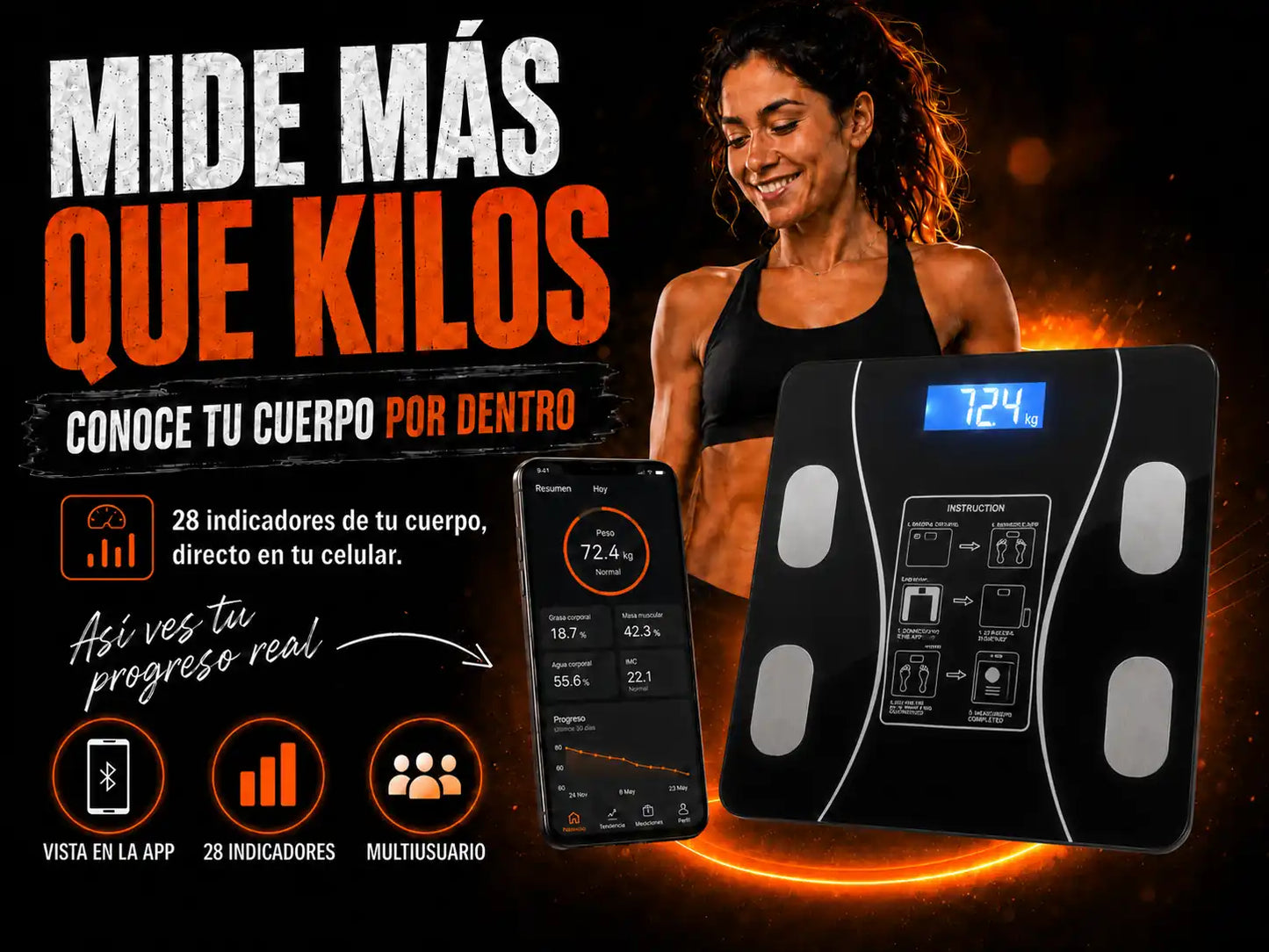 Báscula Inteligente Bluetooth | Grasa, músculo, agua e IMC en tu celular