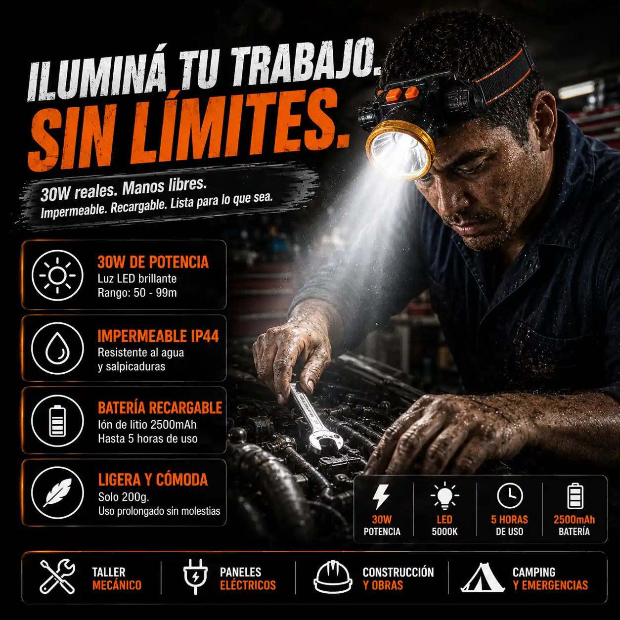 Linterna Frontal LED 30W — Terminá cada trabajo más rápido sin depender de nadie