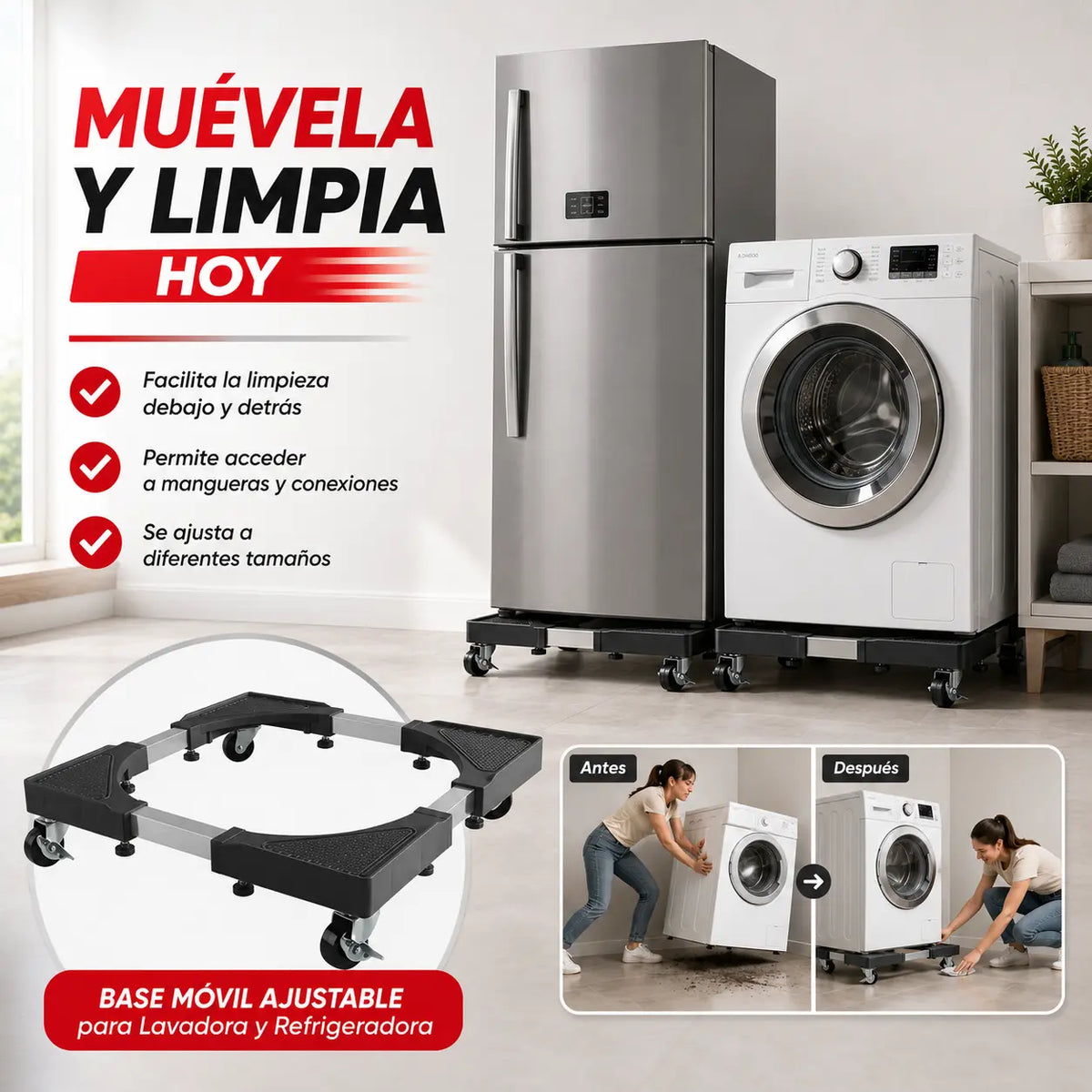 Base Móvil Ajustable | Mueve y limpia debajo de tus electrodomésticos sin esfuerzo 🛞