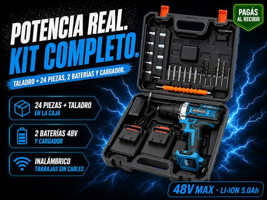 Taladro 48V NITROCO — Kit de 24 Piezas para Todo Trabajo en Casa + 1 Batería de Regalo